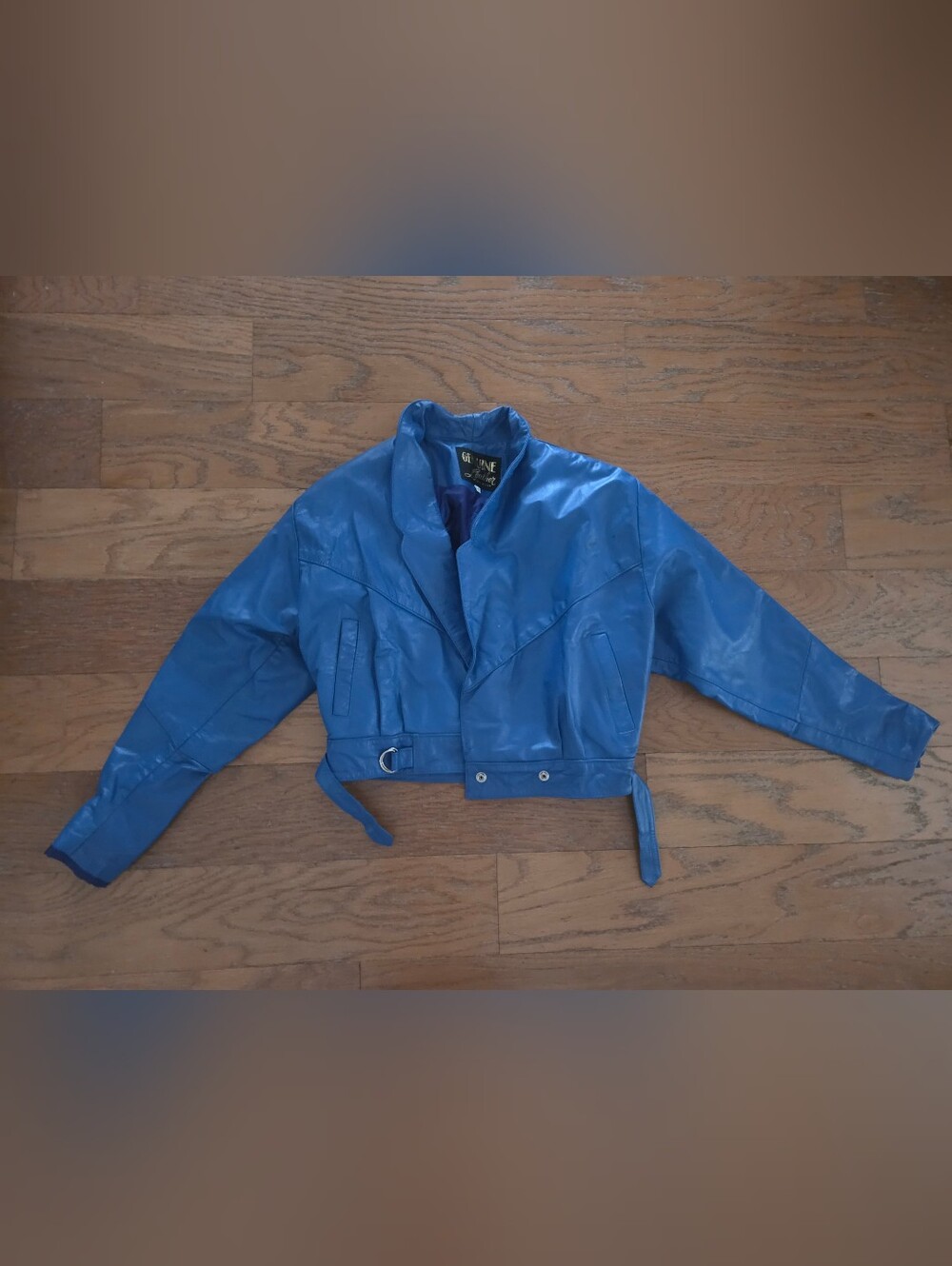 Vintage 1980s Authentic Genuine Leather Blue Cropped Jacket With Belt Buckle